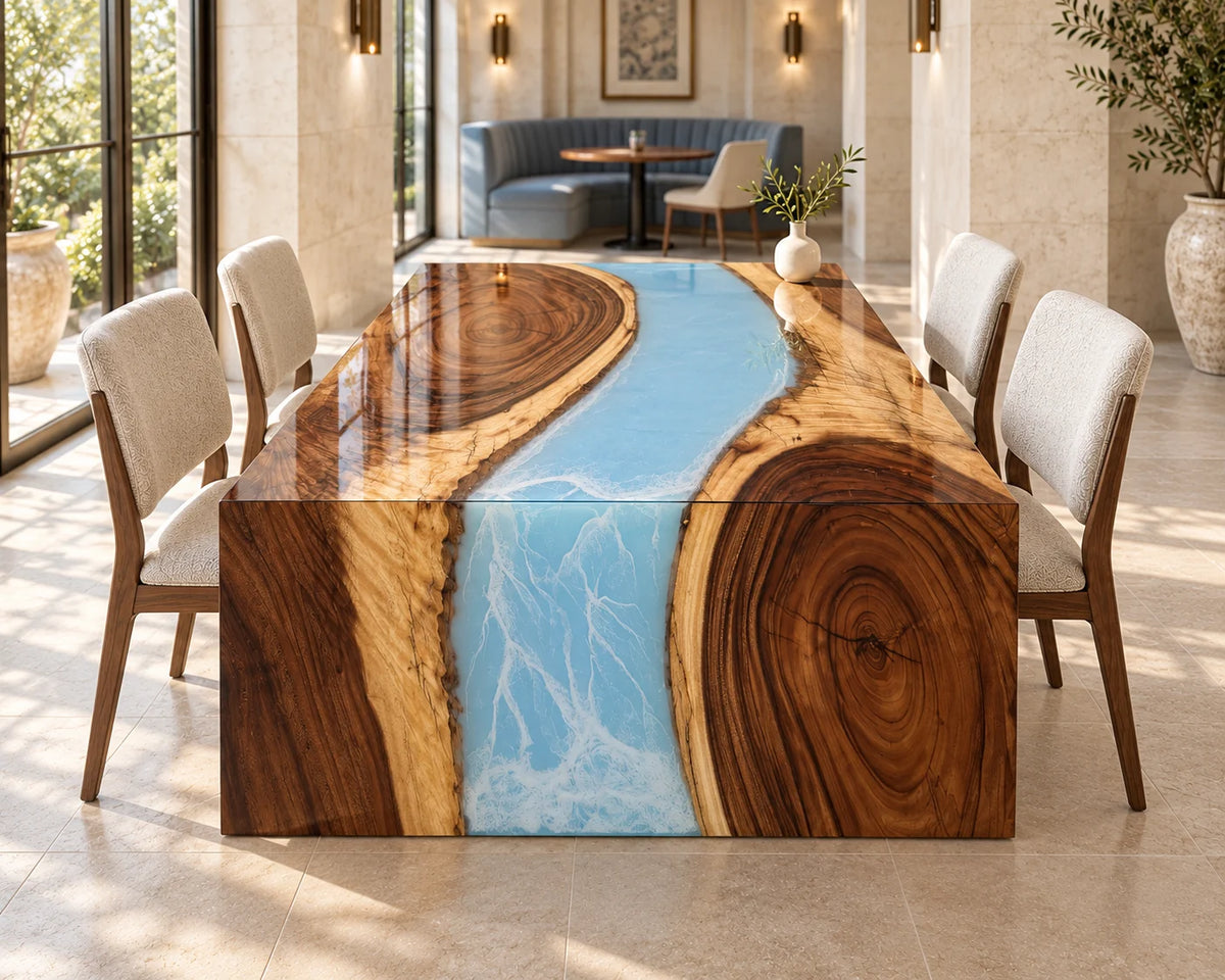 Aurorawoodart Custom Walnut Blue Epoxy Waterfall Dining Table DT180