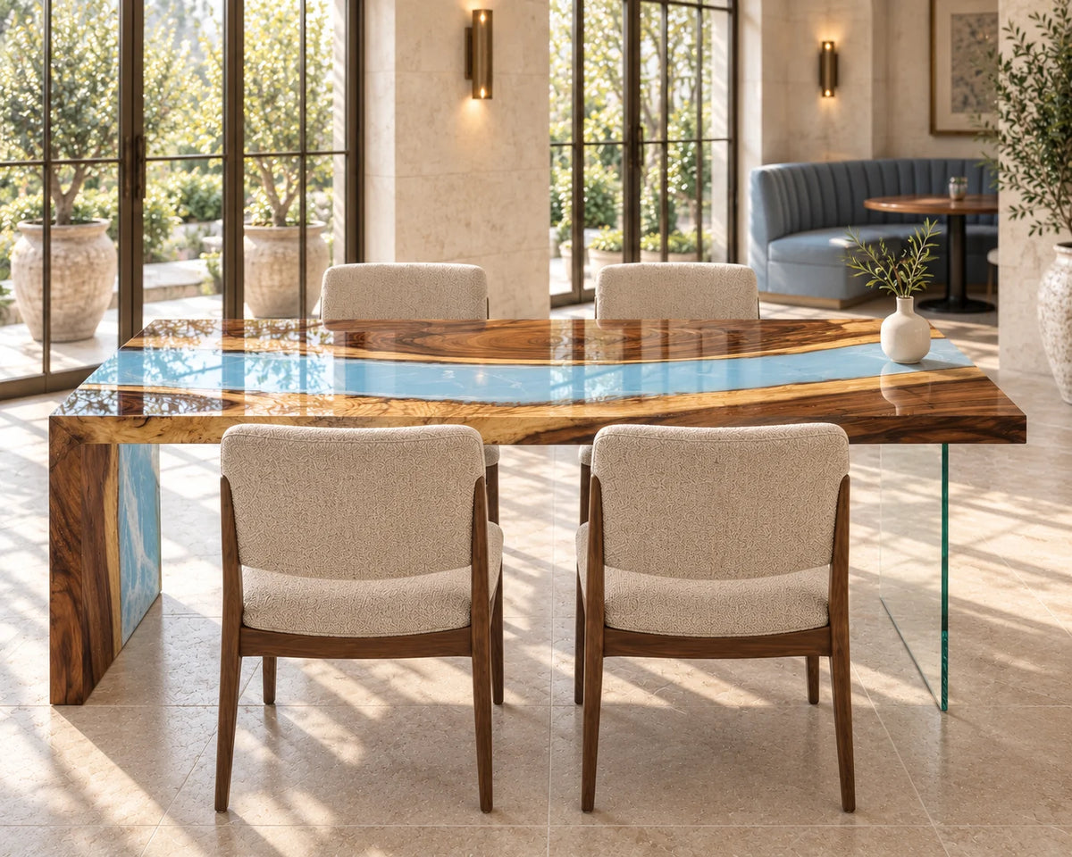 Aurorawoodart Custom Walnut Blue Epoxy Waterfall Dining Table DT180
