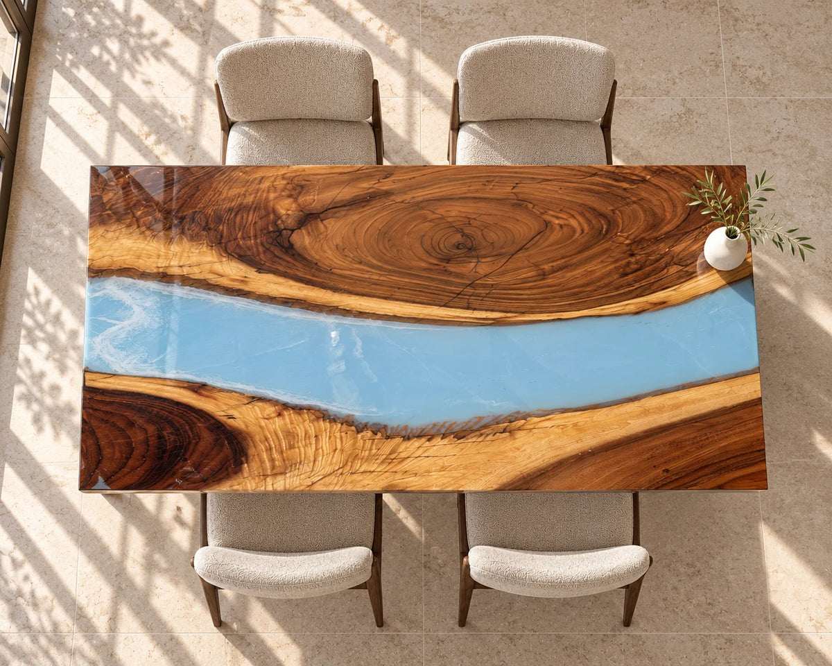 Aurorawoodart Custom Walnut Blue Epoxy Waterfall Dining Table DT180