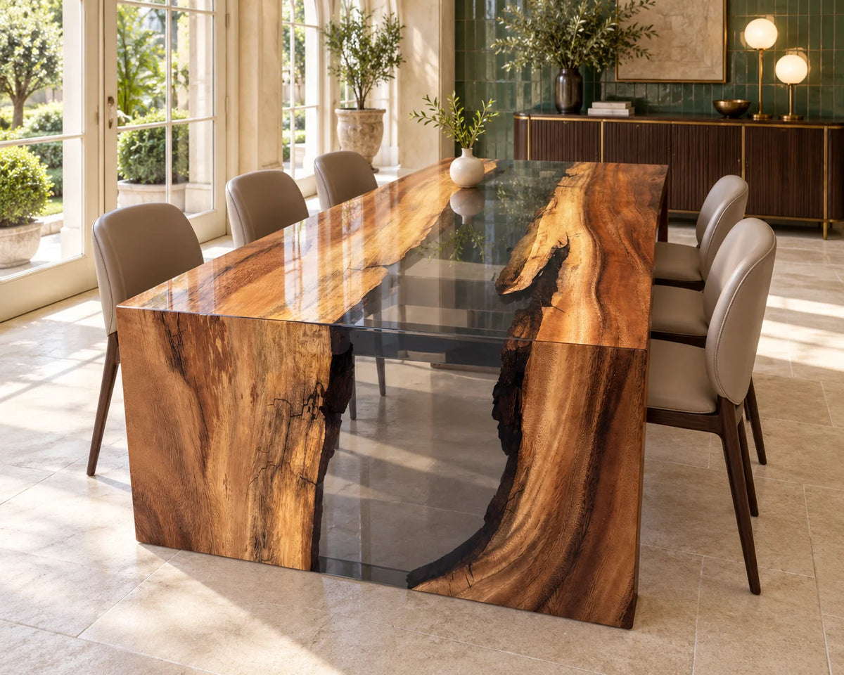Aurorawoodart Custom Walnut Clear Epoxy Waterfall Dining Table DT181