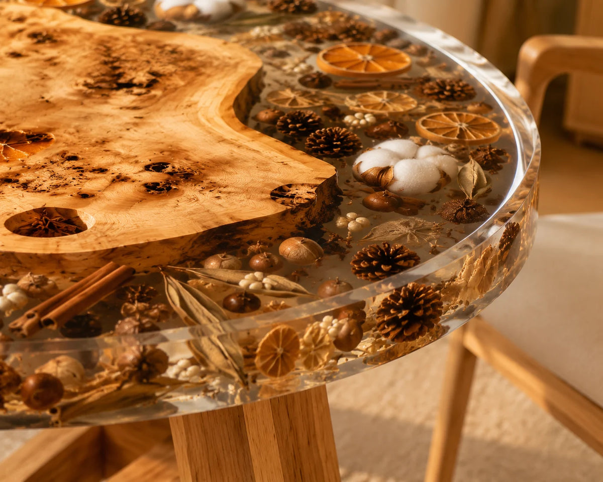 Aurorawoodart Custom Olive Clear Floral Epoxy Dining Table DT85