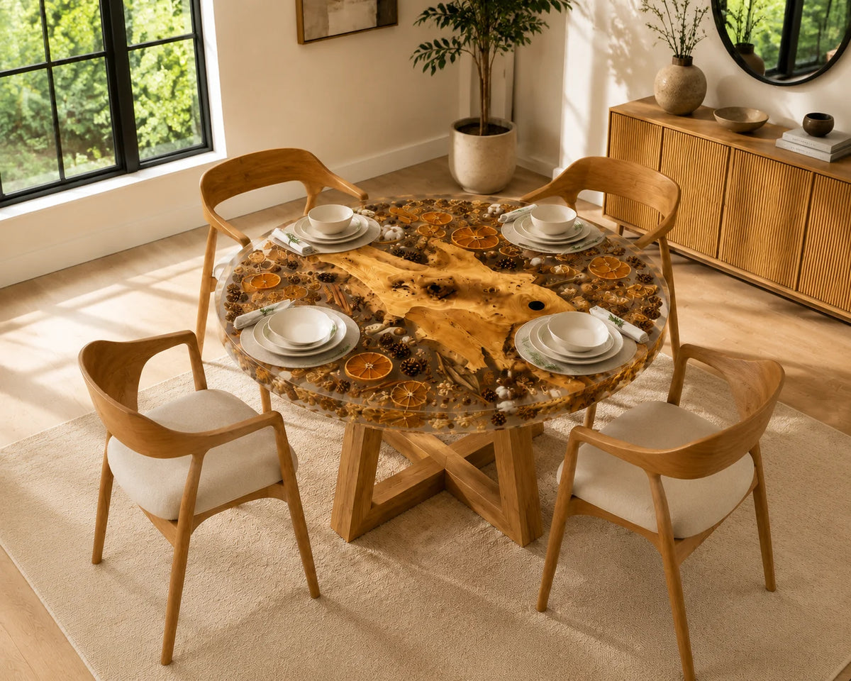 Aurorawoodart Custom Olive Clear Floral Epoxy Dining Table DT85