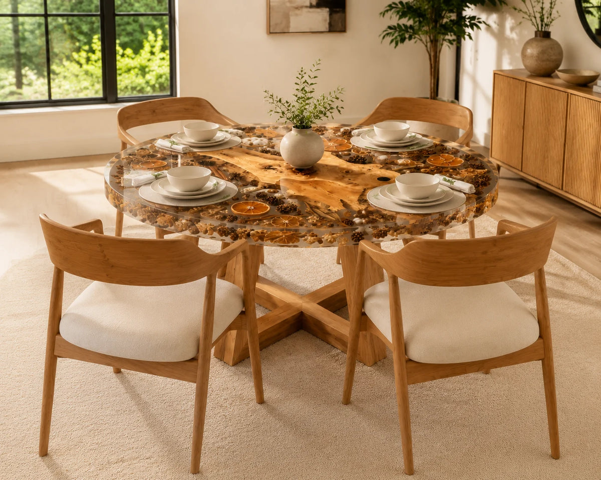 Aurorawoodart Custom Olive Clear Floral Epoxy Dining Table DT85