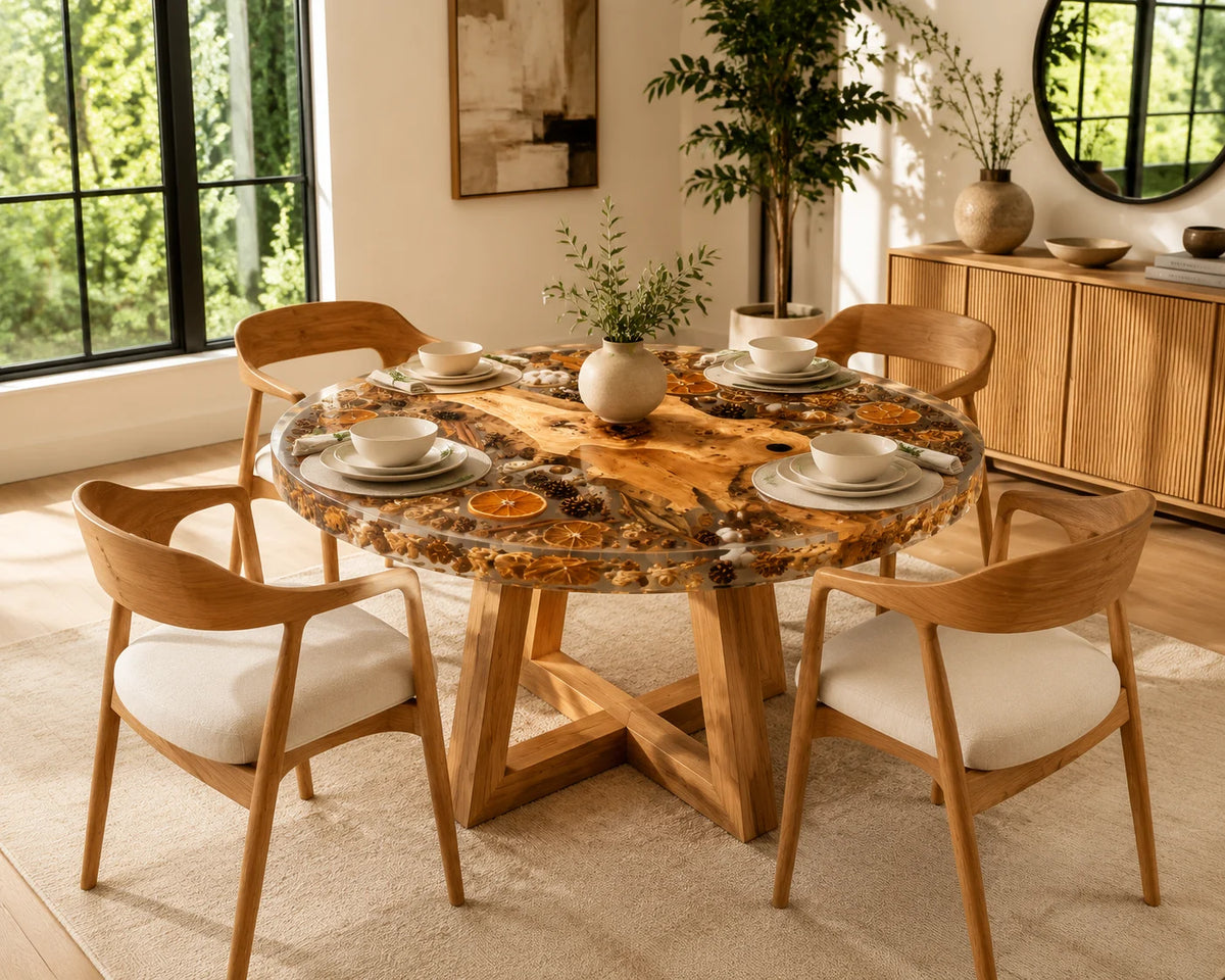 Aurorawoodart Custom Olive Clear Floral Epoxy Dining Table DT85