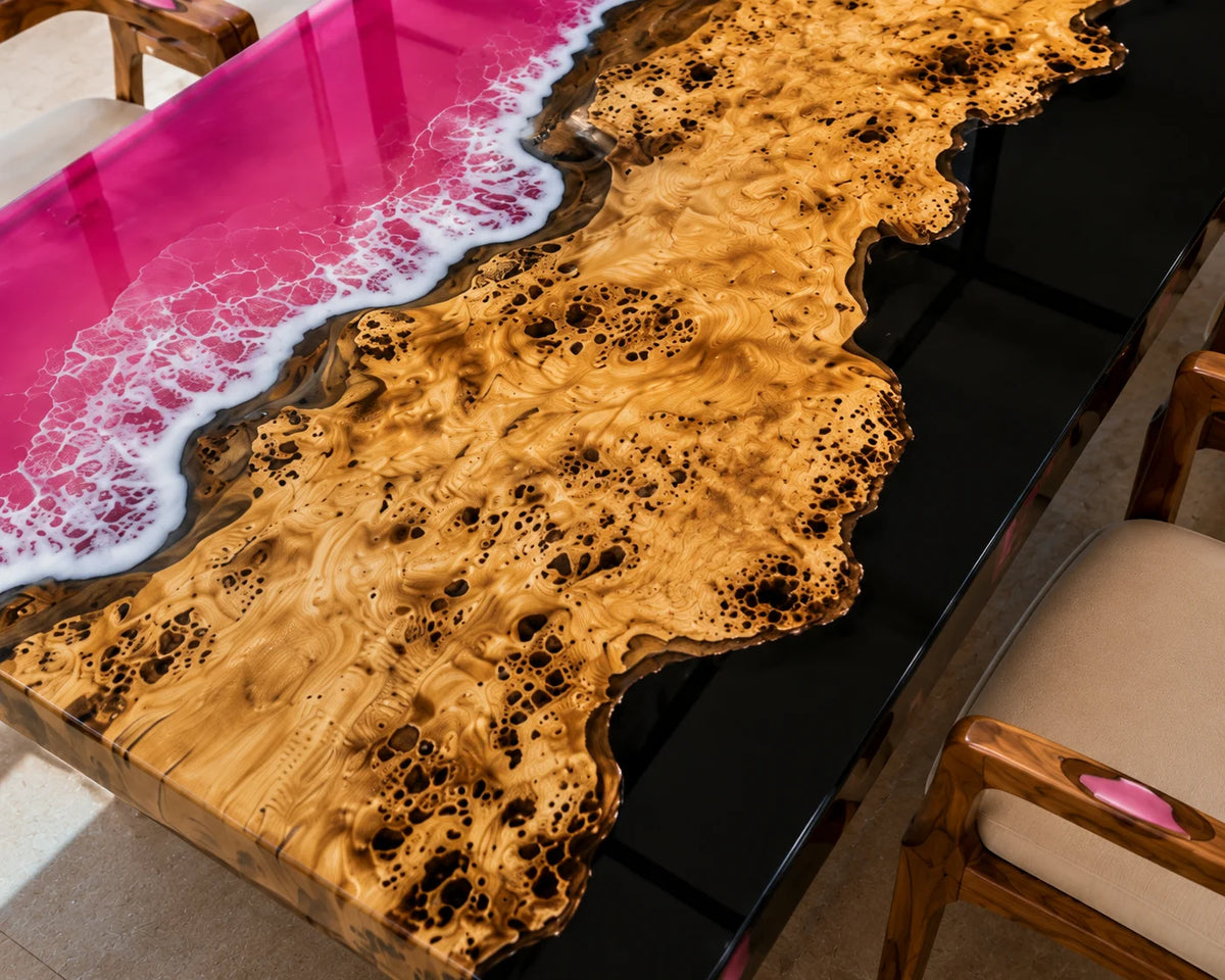 Aurorawoodart Custom Poplar Pink Black Epoxy Ocean Dining Table DT86