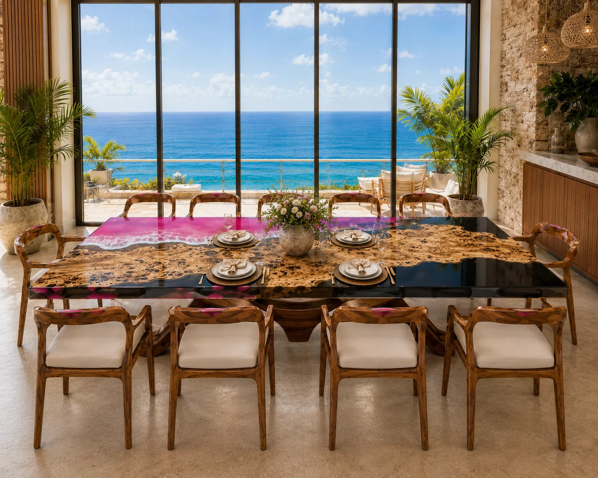 Aurorawoodart Custom Poplar Pink Black Epoxy Ocean Dining Table DT86