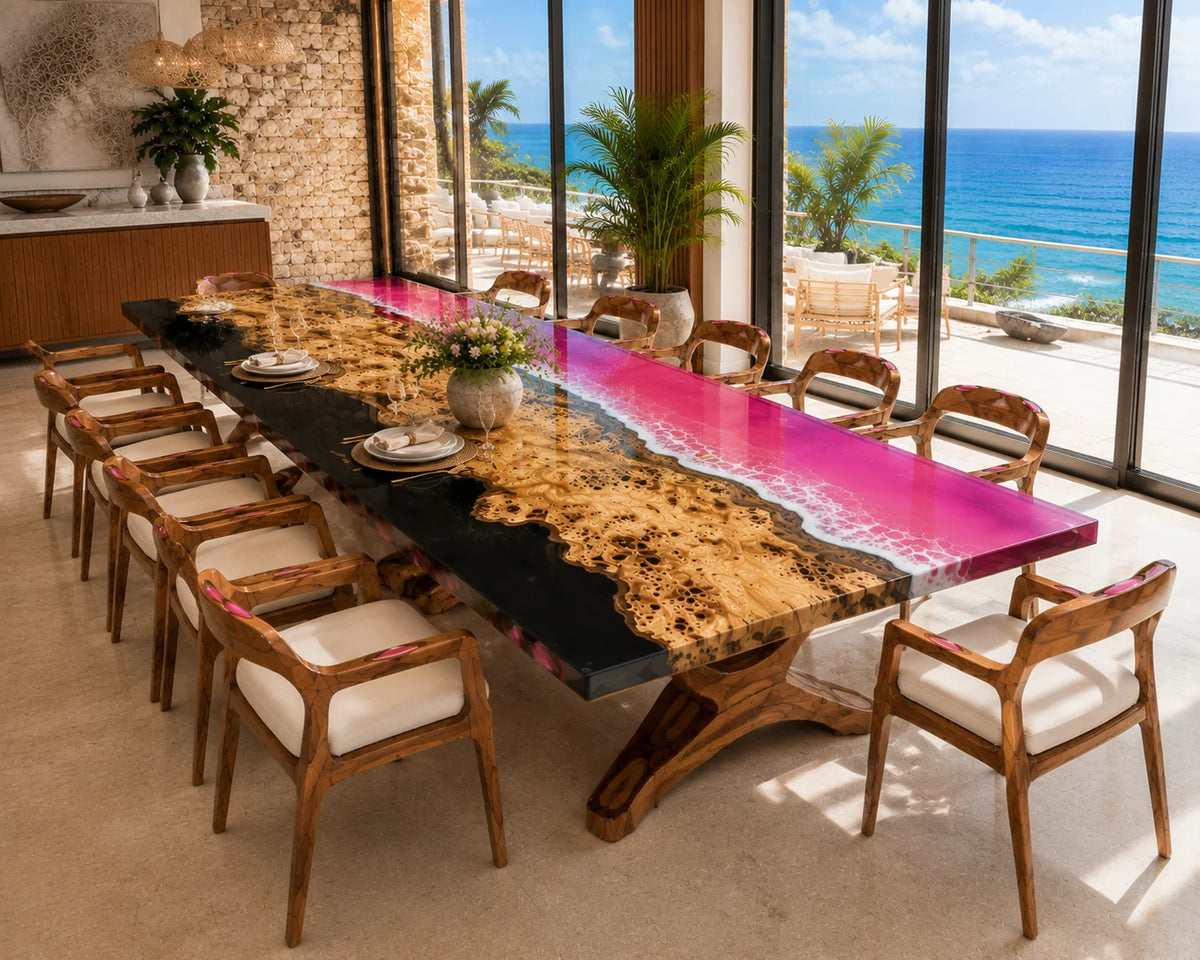 Aurorawoodart Custom Poplar Pink Black Epoxy Ocean Dining Table DT86
