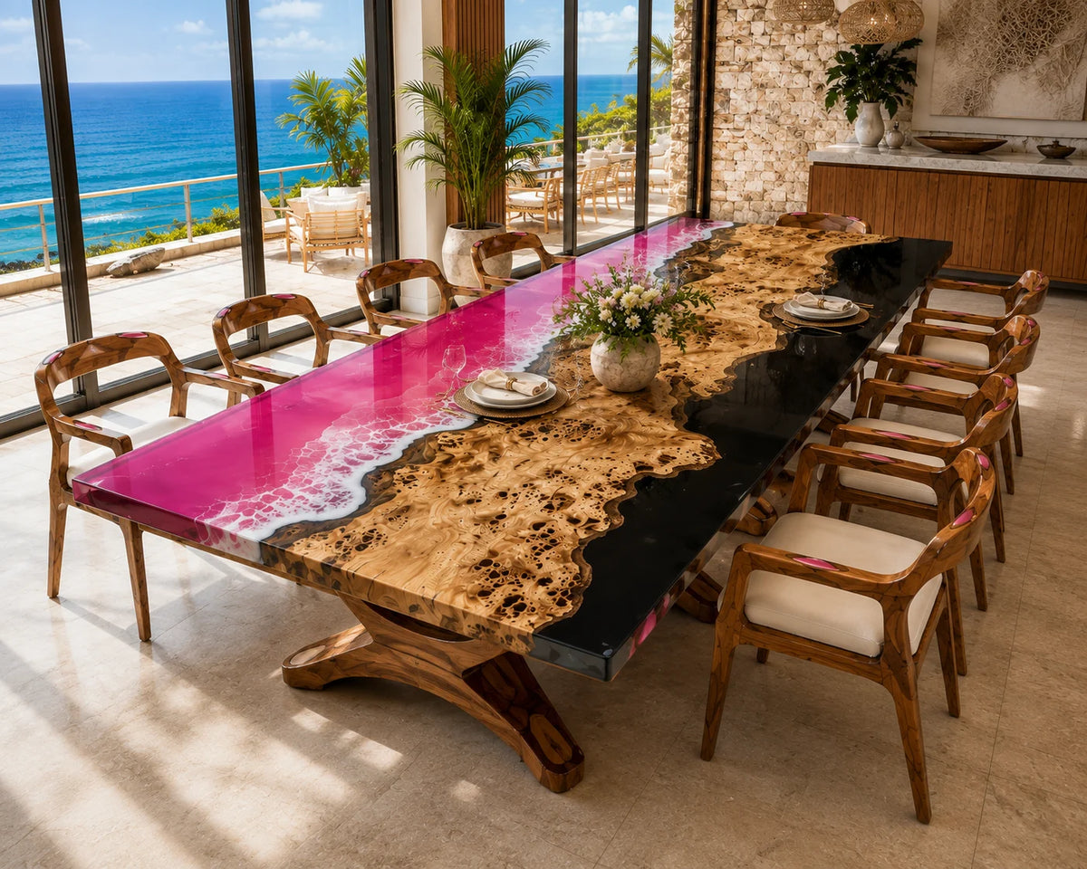 Aurorawoodart Custom Poplar Pink Black Epoxy Ocean Dining Table DT86