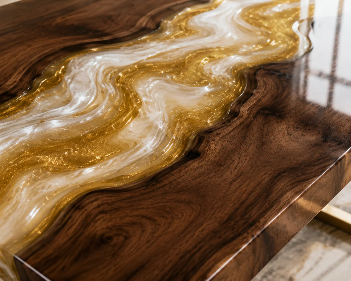 Aurorawoodart Custom Walnut Gold Epoxy River Dining Table DT87