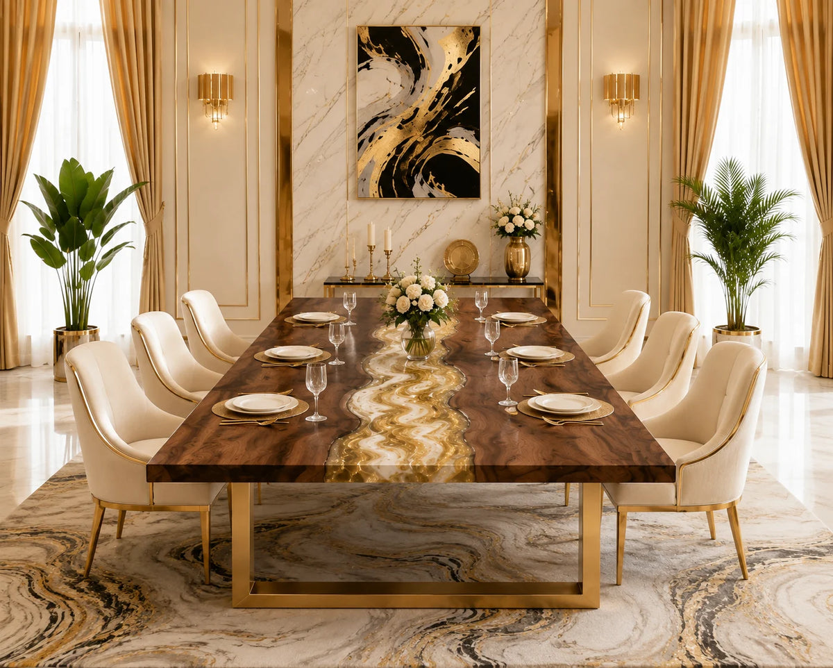 Aurorawoodart Custom Walnut Gold Epoxy River Dining Table DT87
