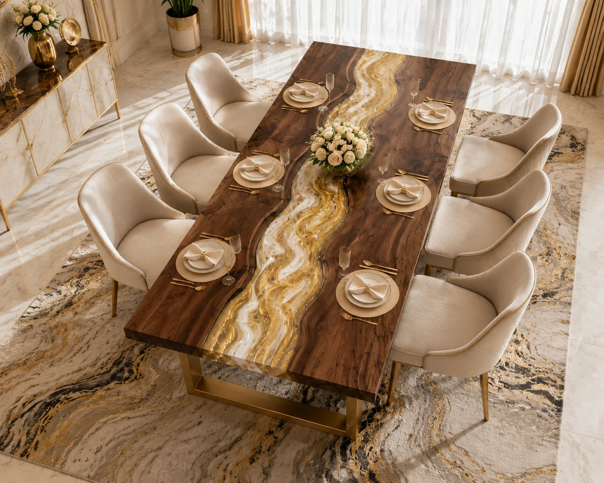 Aurorawoodart Custom Walnut Gold Epoxy River Dining Table DT87