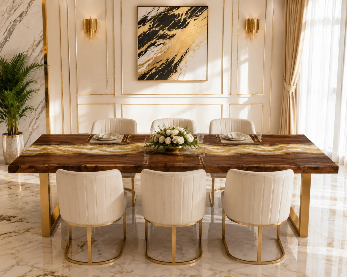 Aurorawoodart Custom Walnut Gold Epoxy River Dining Table DT87