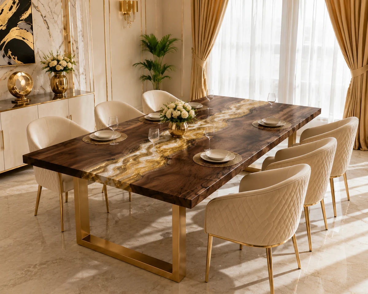 Aurorawoodart Custom Walnut Gold Epoxy River Dining Table DT87
