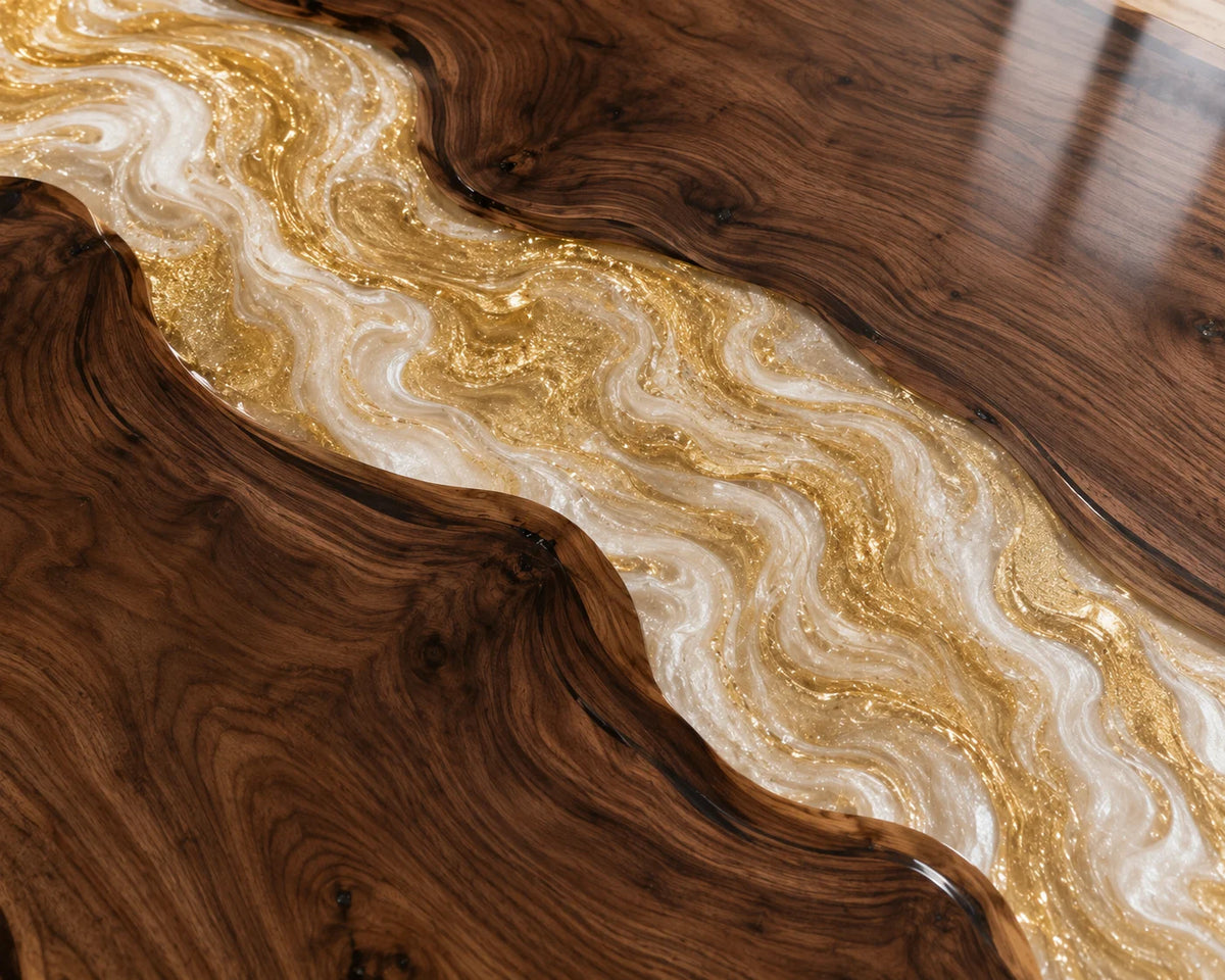 Aurorawoodart Custom Walnut Gold Epoxy River Dining Table DT87