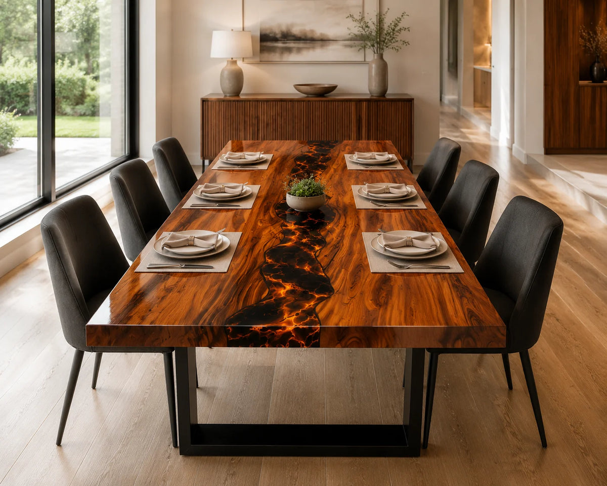 Aurorawoodart Custom Walnut Black  Lava Epoxy Dining Table DT88