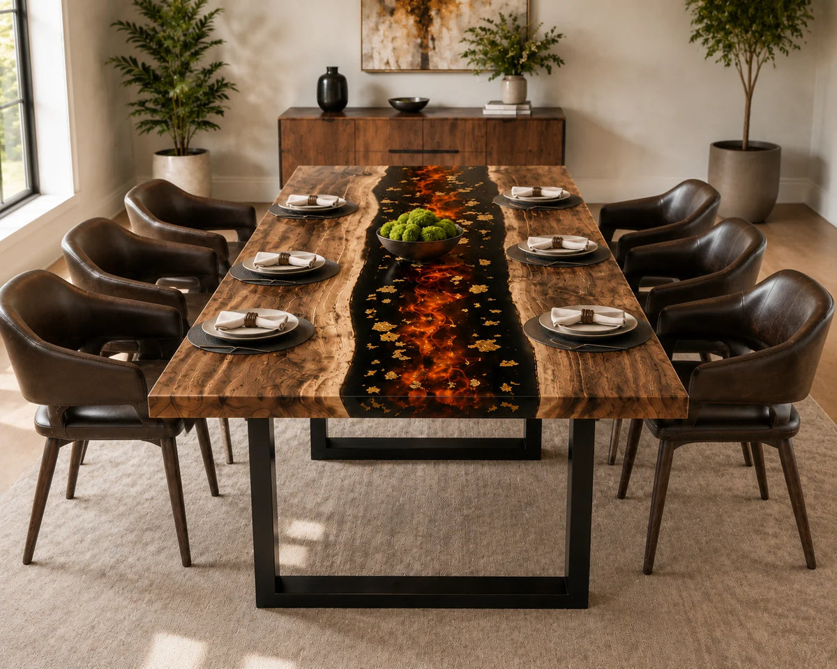 Aurorawoodart Custom Walnut Black  Lava Epoxy Dining Table DT89