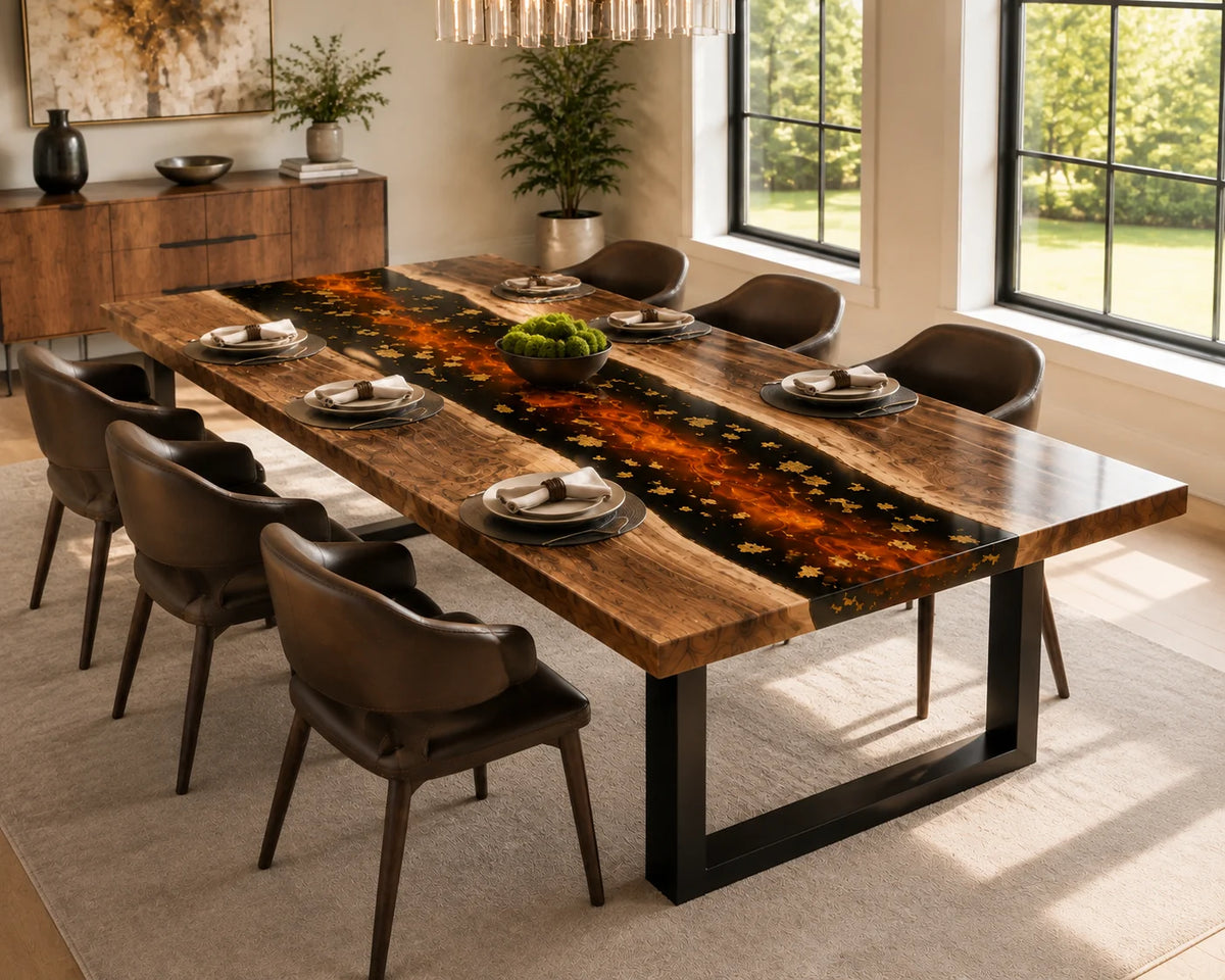 Aurorawoodart Custom Walnut Black  Lava Epoxy Dining Table DT89