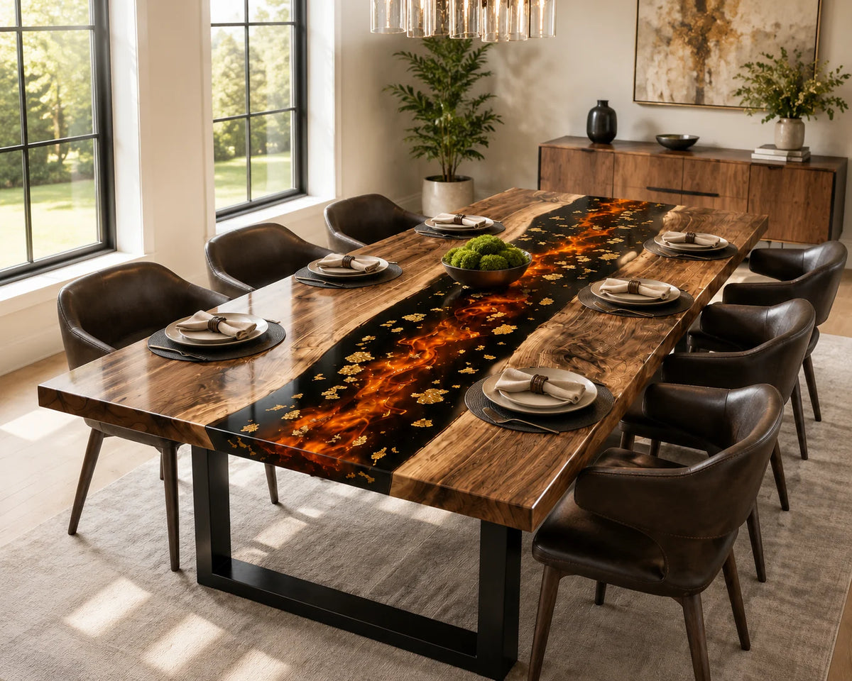 Aurorawoodart Custom Walnut Black  Lava Epoxy Dining Table DT89