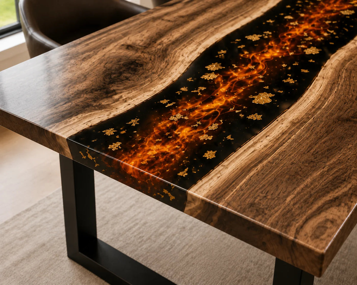 Aurorawoodart Custom Walnut Black  Lava Epoxy Dining Table DT89