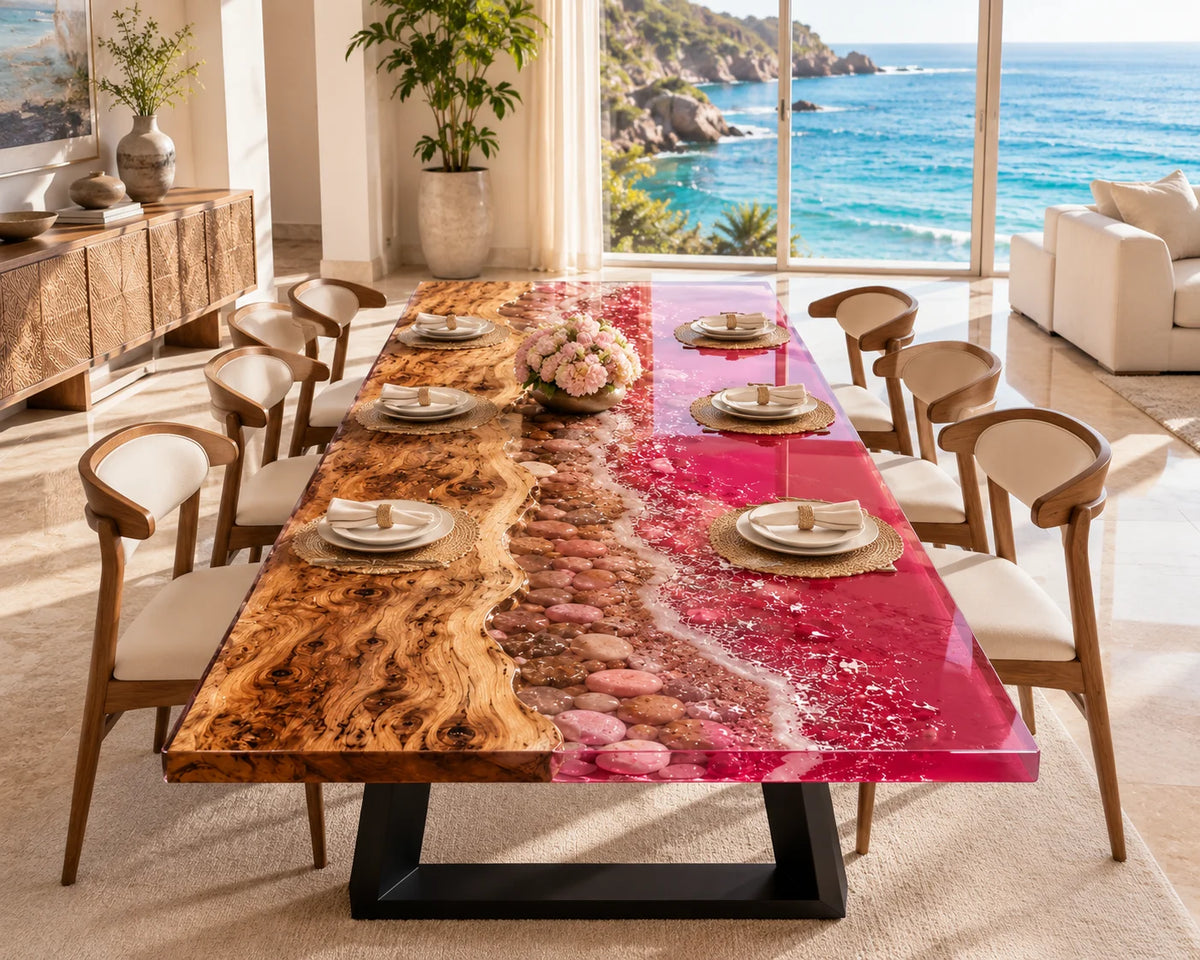 Aurorawoodart Custom Poplar Pink Epoxy Ocean Dining Table DT91