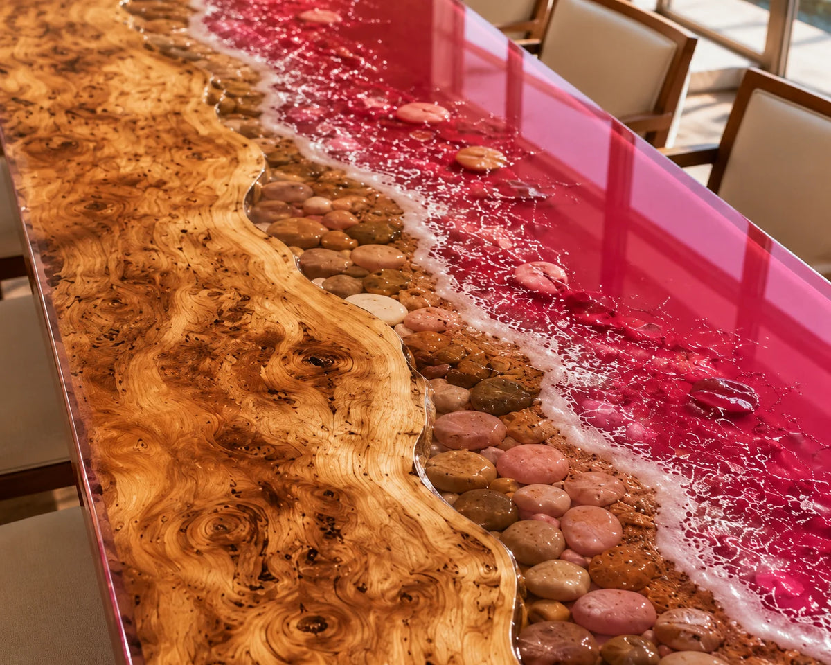 Aurorawoodart Custom Poplar Pink Epoxy Ocean Dining Table DT91