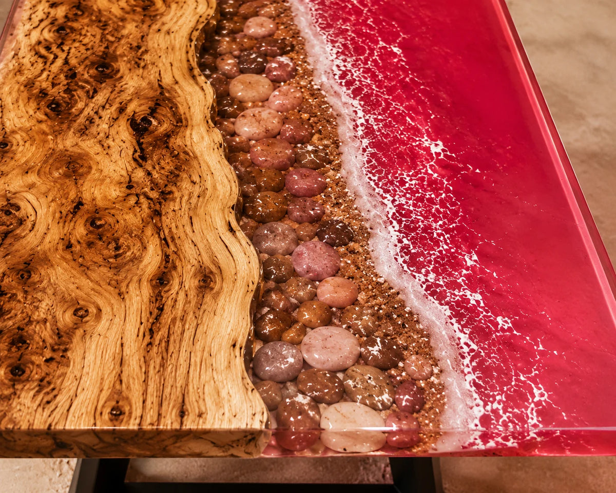Aurorawoodart Custom Poplar Pink Epoxy Ocean Dining Table DT91