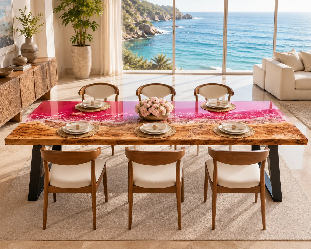 Aurorawoodart Custom Poplar Pink Epoxy Ocean Dining Table DT91