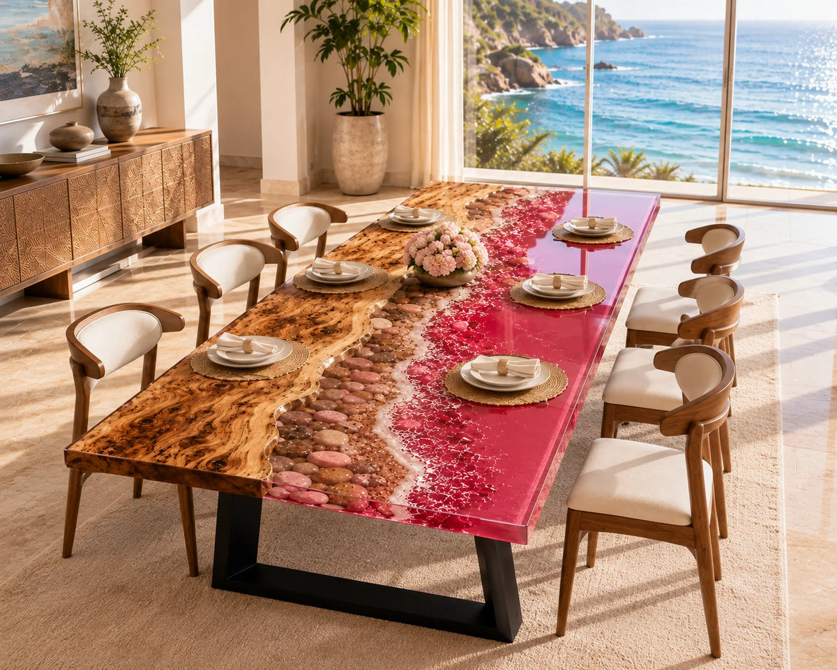 Aurorawoodart Custom Poplar Pink Epoxy Ocean Dining Table DT91