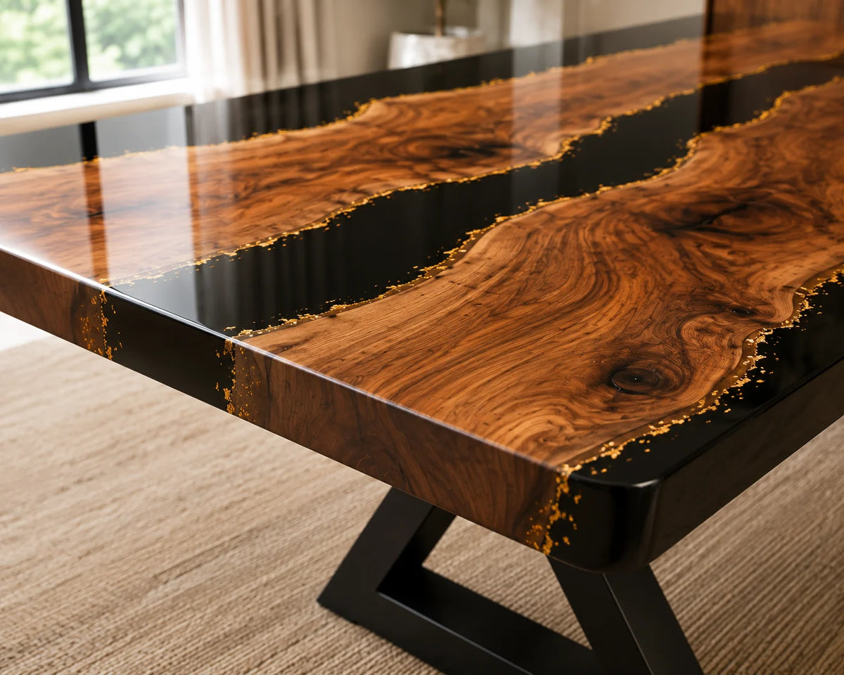 Aurorawoodart Custom Walnut Black Epoxy River Dining Table DT94