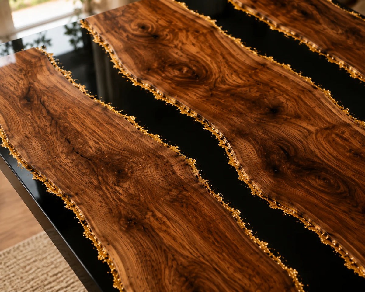 Aurorawoodart Custom Walnut Black Epoxy River Dining Table DT94