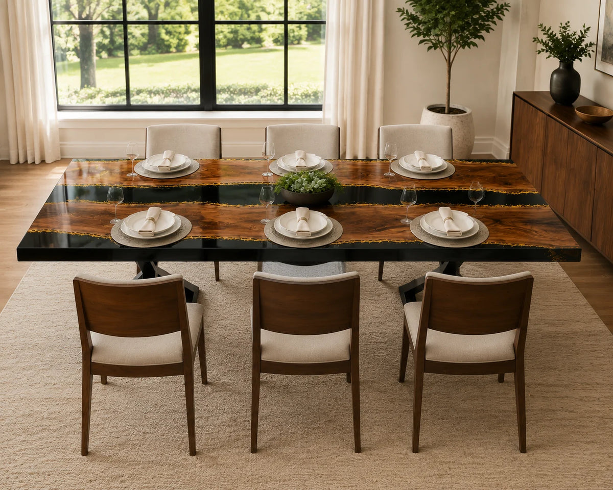 Aurorawoodart Custom Walnut Black Epoxy River Dining Table DT94