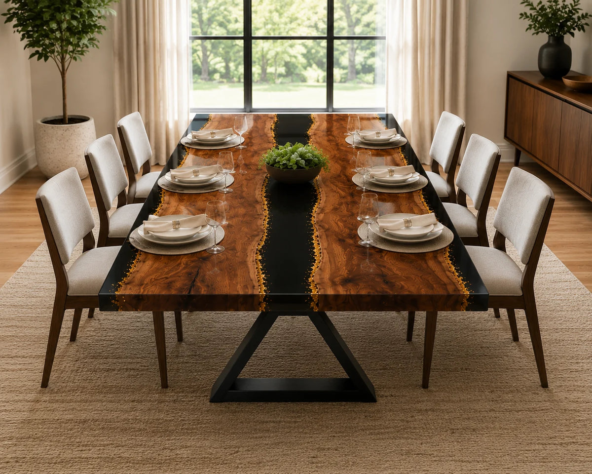 Aurorawoodart Custom Walnut Black Epoxy River Dining Table DT94
