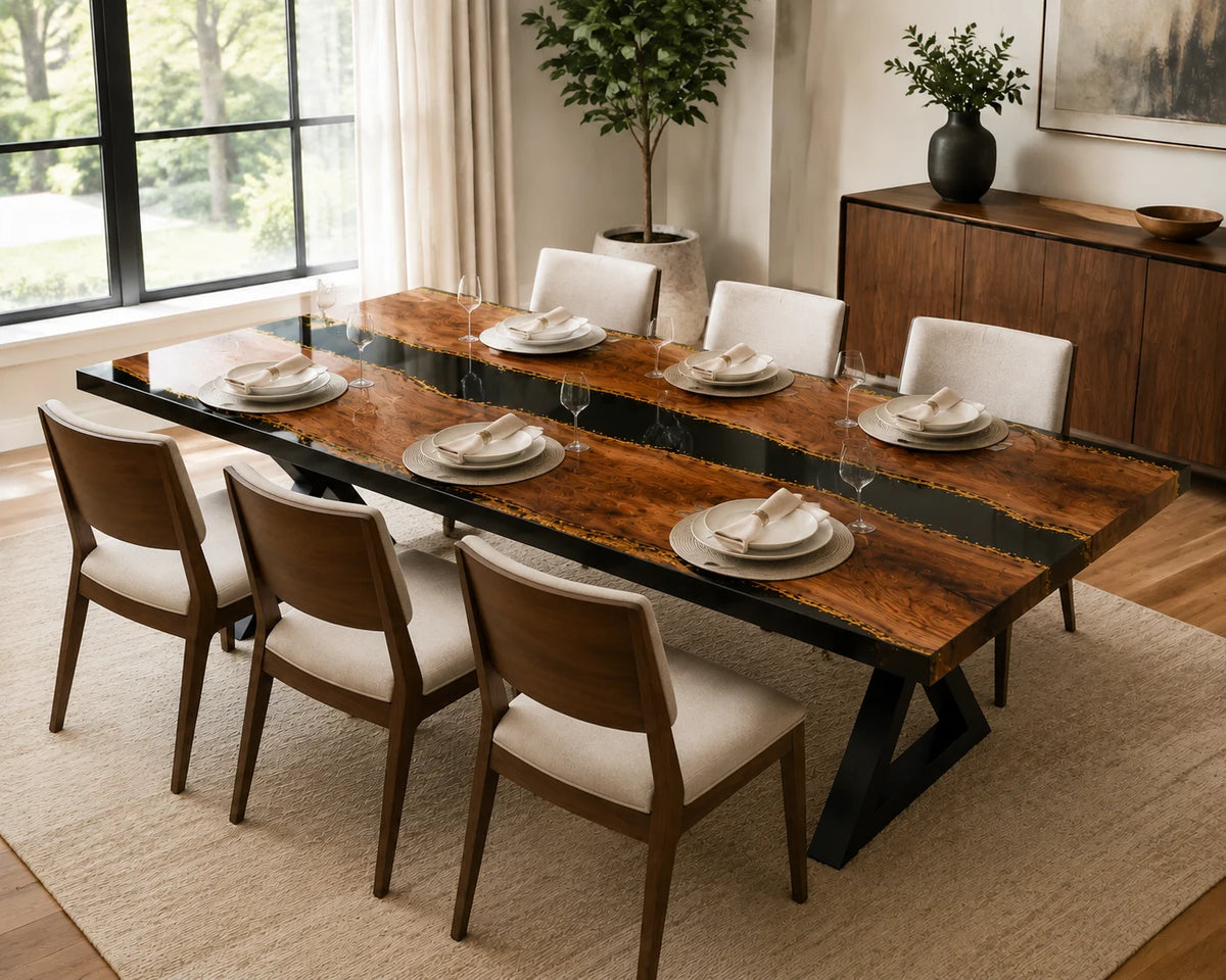 Aurorawoodart Custom Walnut Black Epoxy River Dining Table DT94