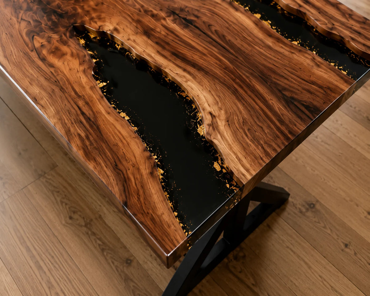 Aurorawoodart Custom Walnut Black Epoxy River Dining Table DT95