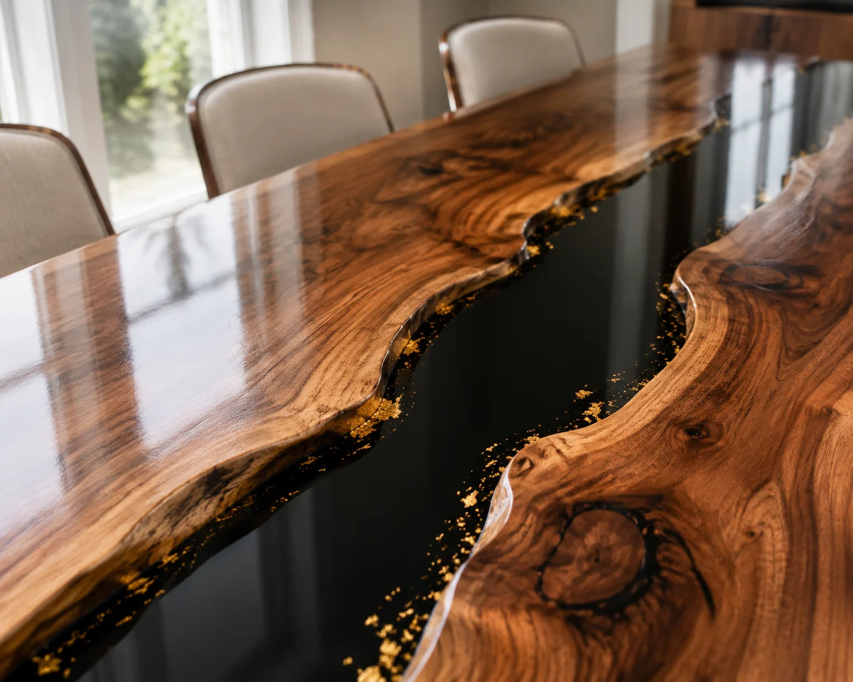 Aurorawoodart Custom Walnut Black Epoxy River Dining Table DT95