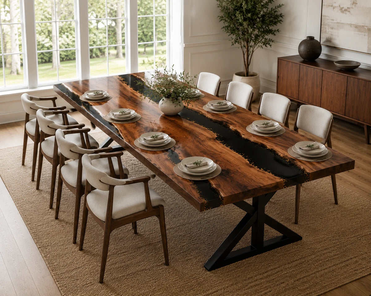 Aurorawoodart Custom Walnut Black Epoxy River Dining Table DT95