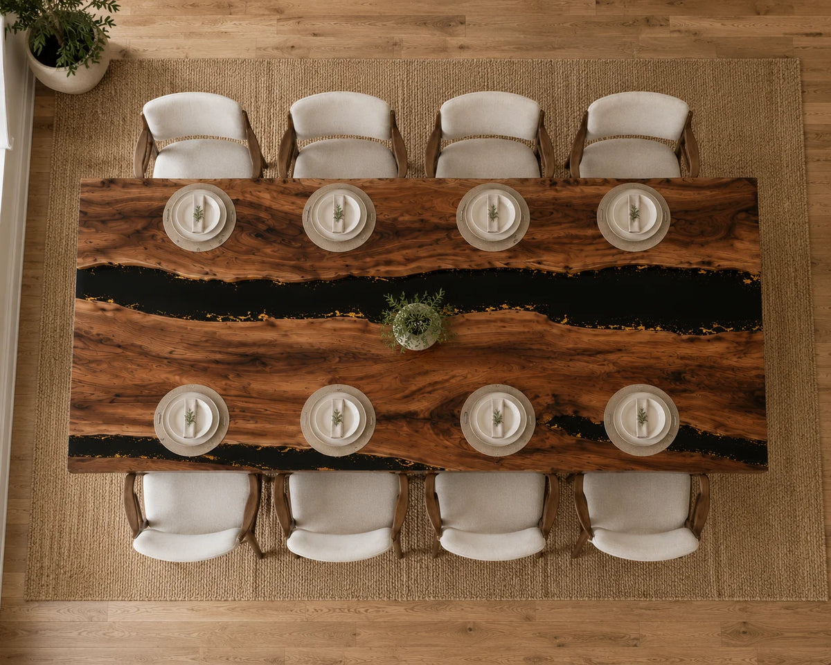 Aurorawoodart Custom Walnut Black Epoxy River Dining Table DT95