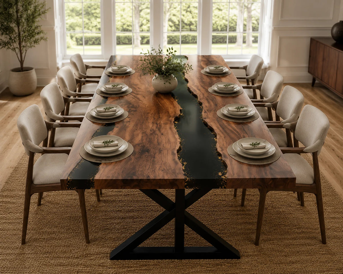 Aurorawoodart Custom Walnut Black Epoxy River Dining Table DT95