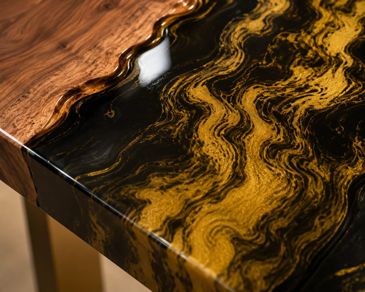 Aurorawoodart Custom Walnut Black Gold Epoxy River Dining Table DT97