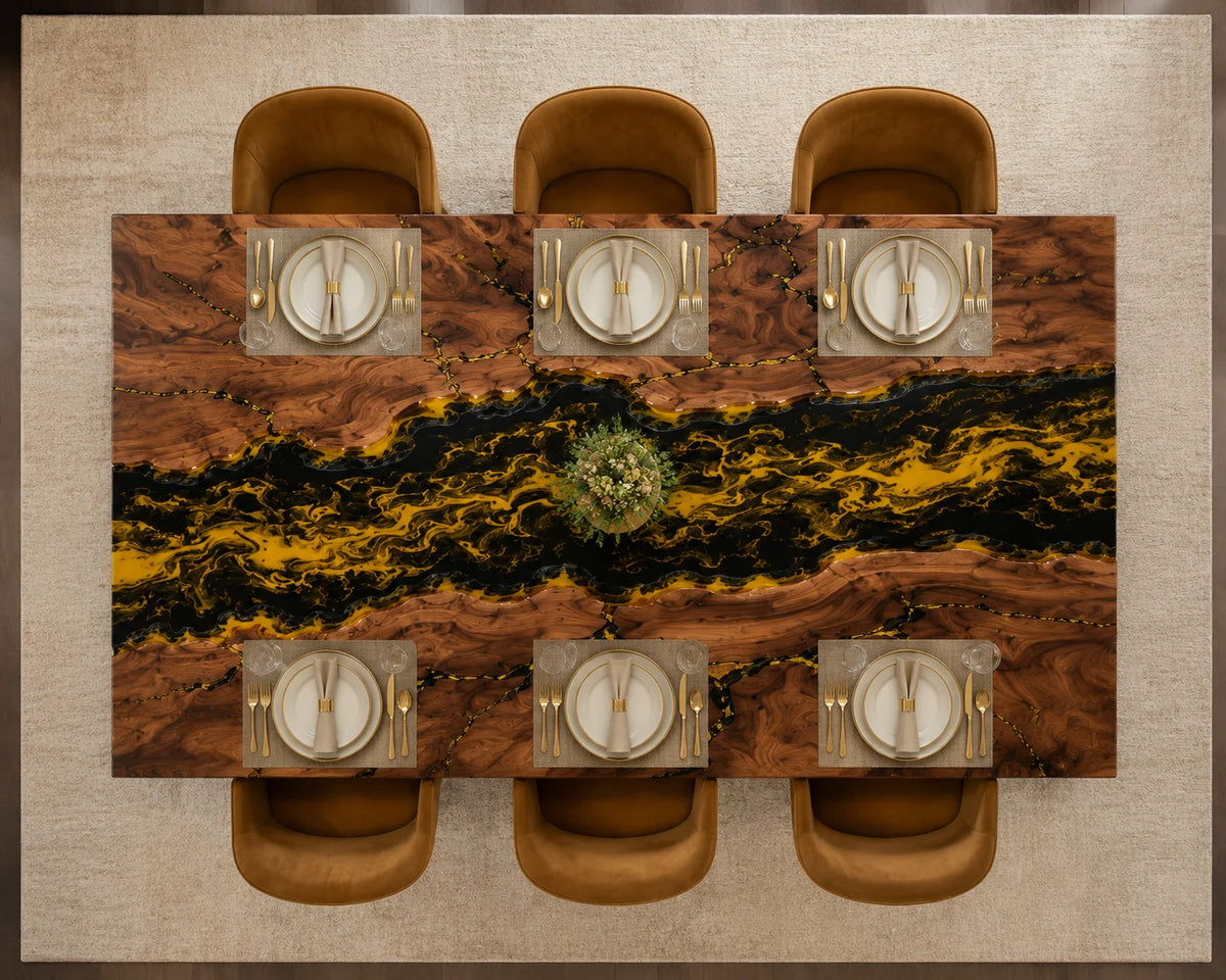 Aurorawoodart Custom Walnut Black Gold Epoxy River Dining Table DT97