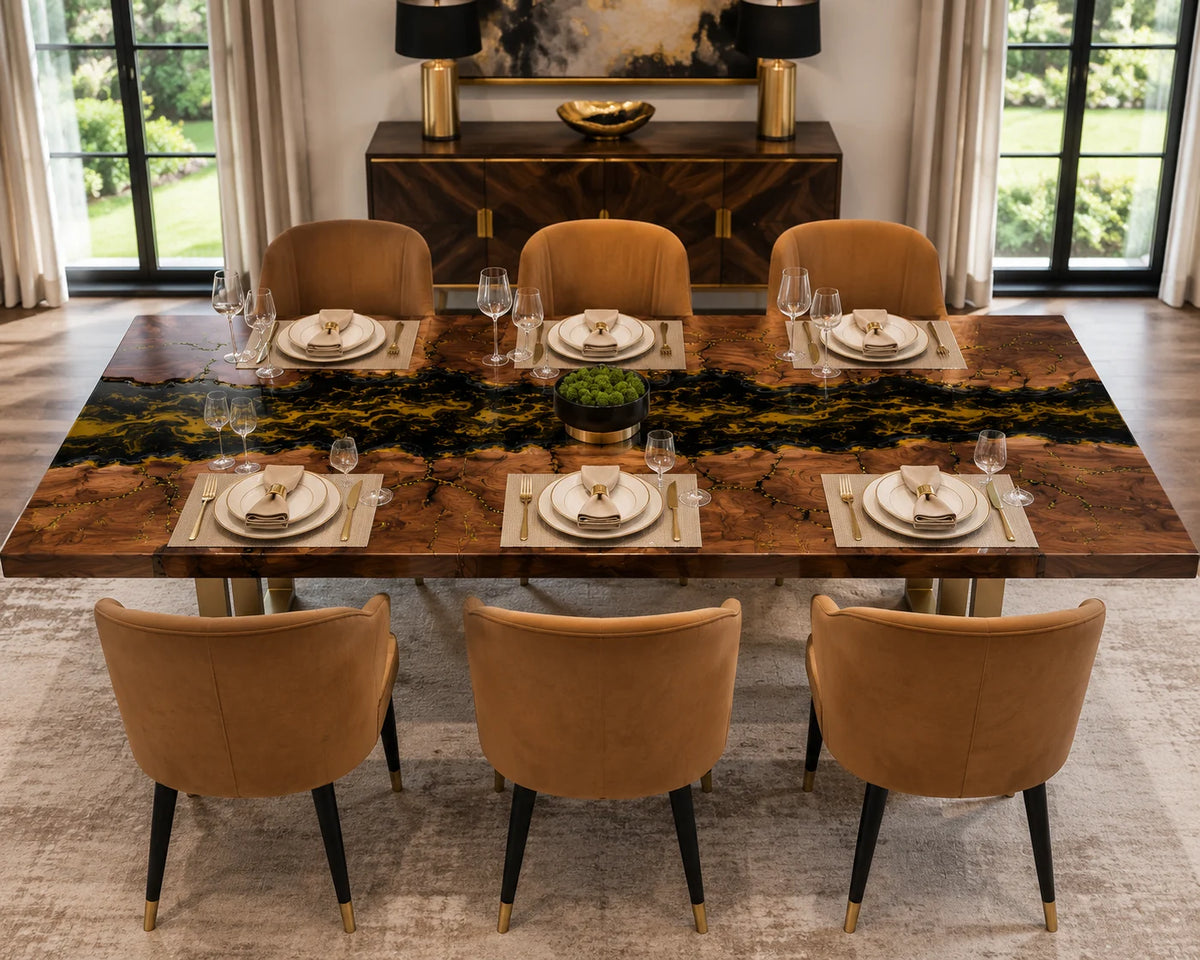 Aurorawoodart Custom Walnut Black Gold Epoxy River Dining Table DT97