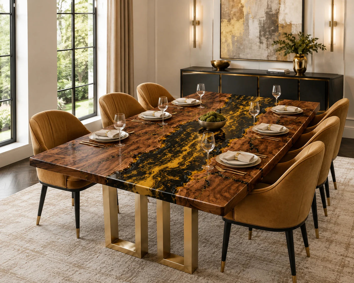 Aurorawoodart Custom Walnut Black Gold Epoxy River Dining Table DT97