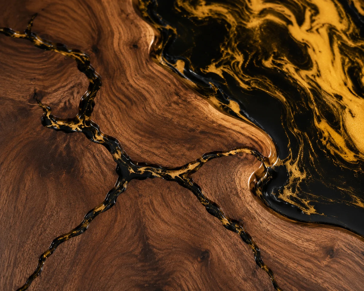Aurorawoodart Custom Walnut Black Gold Epoxy River Dining Table DT97