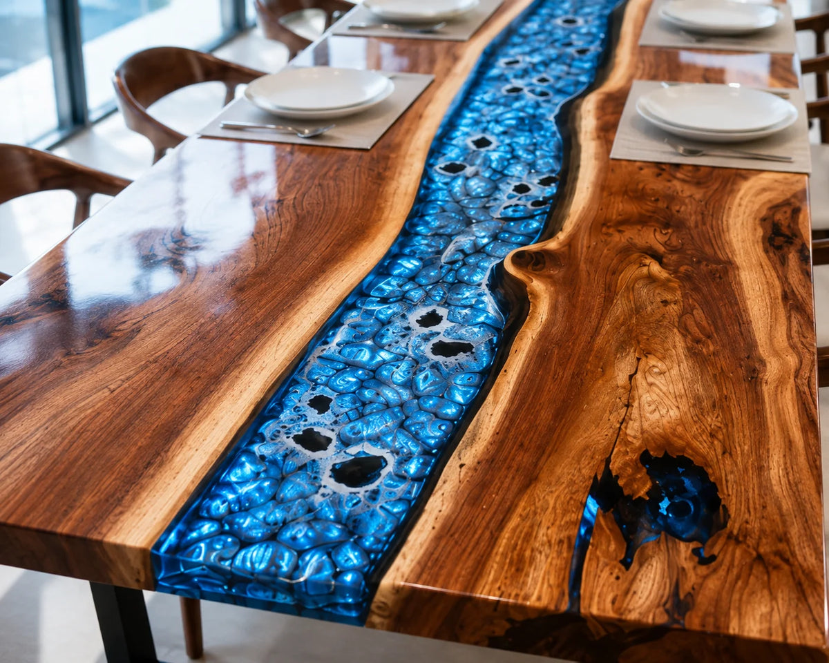Aurorawoodart Custom Walnut Ice Blue Epoxy River Dining Table DT98