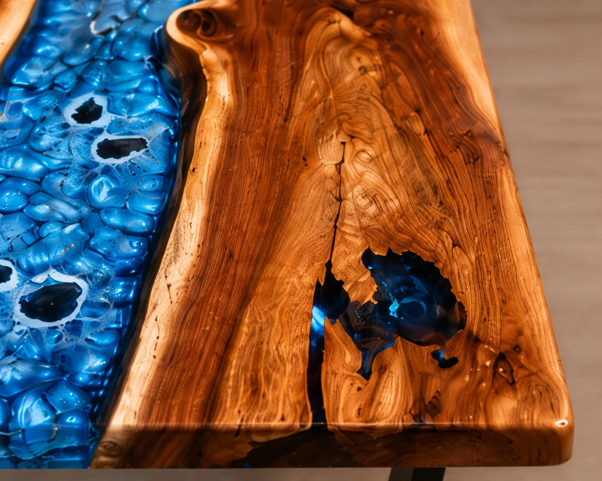 Aurorawoodart Custom Walnut Ice Blue Epoxy River Dining Table DT98