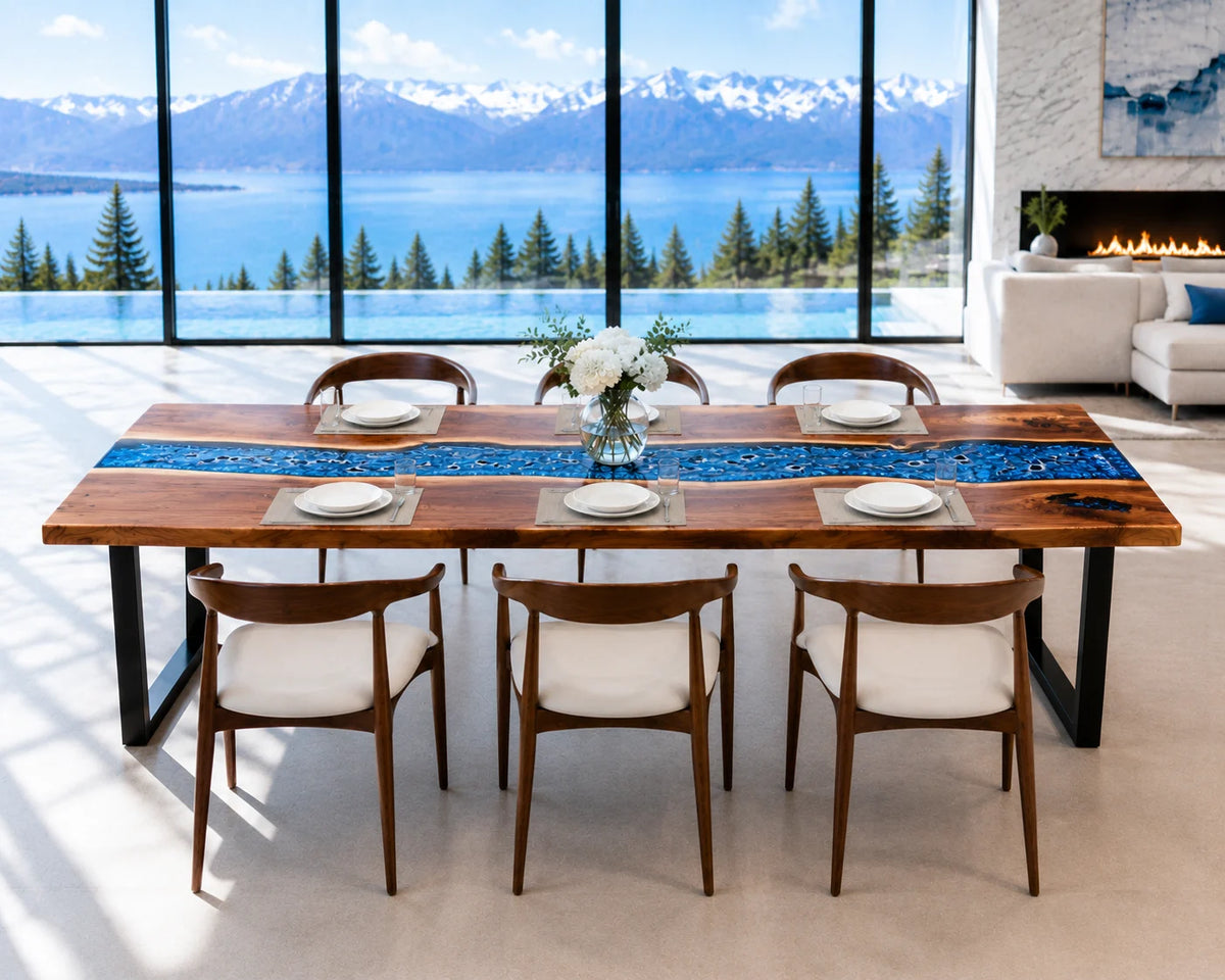 Aurorawoodart Custom Walnut Ice Blue Epoxy River Dining Table DT98