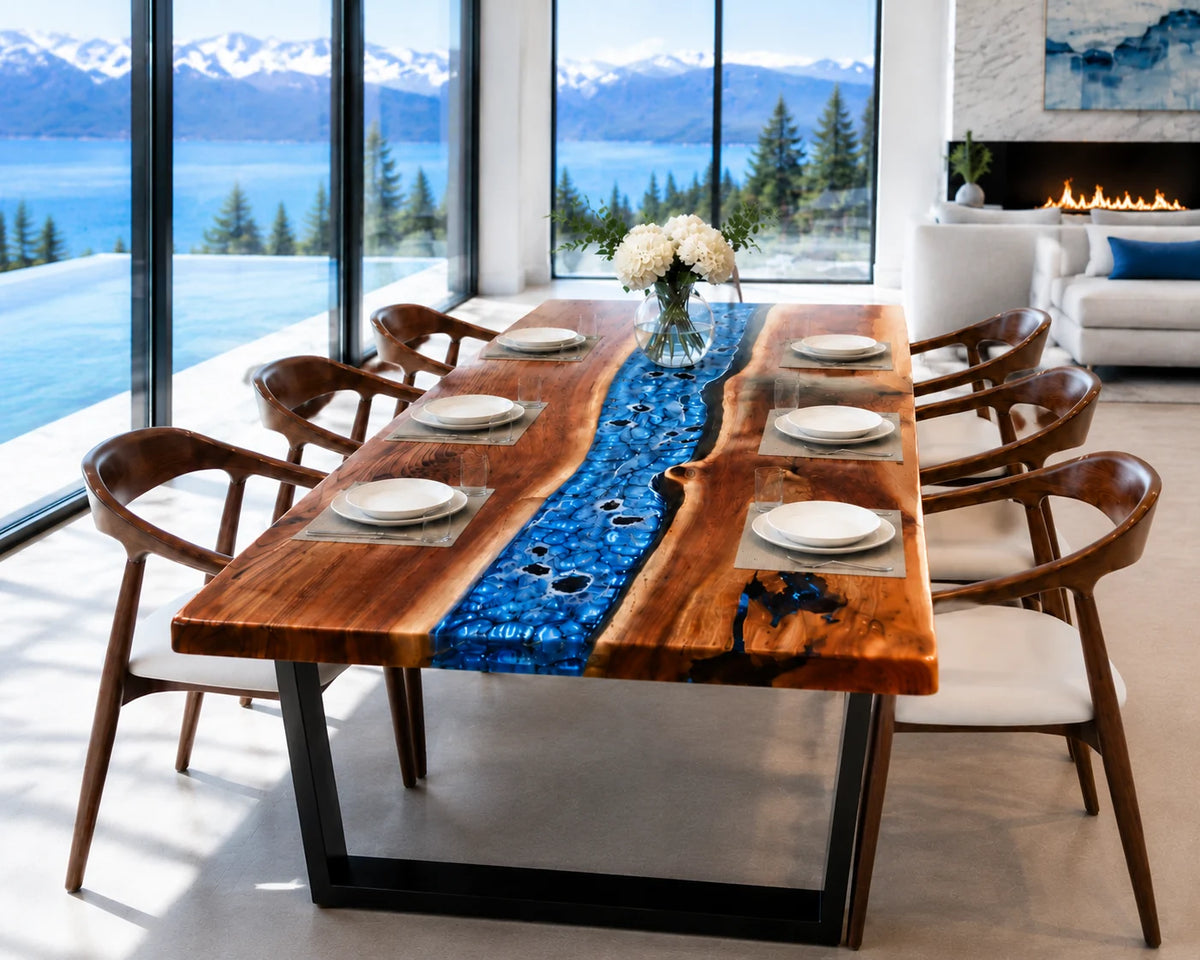 Aurorawoodart Custom Walnut Ice Blue Epoxy River Dining Table DT98