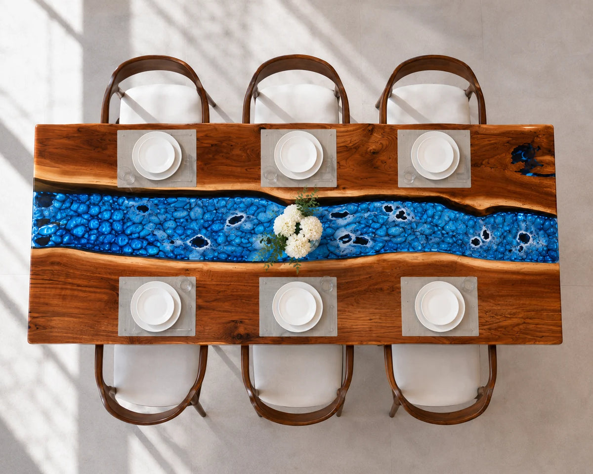 Aurorawoodart Custom Walnut Ice Blue Epoxy River Dining Table DT98