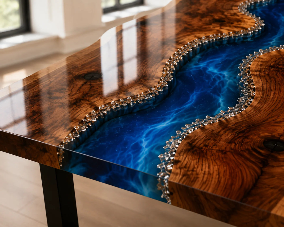 Aurorawoodart Custom Black Walnut Blue Epoxy River Dining Table DT99