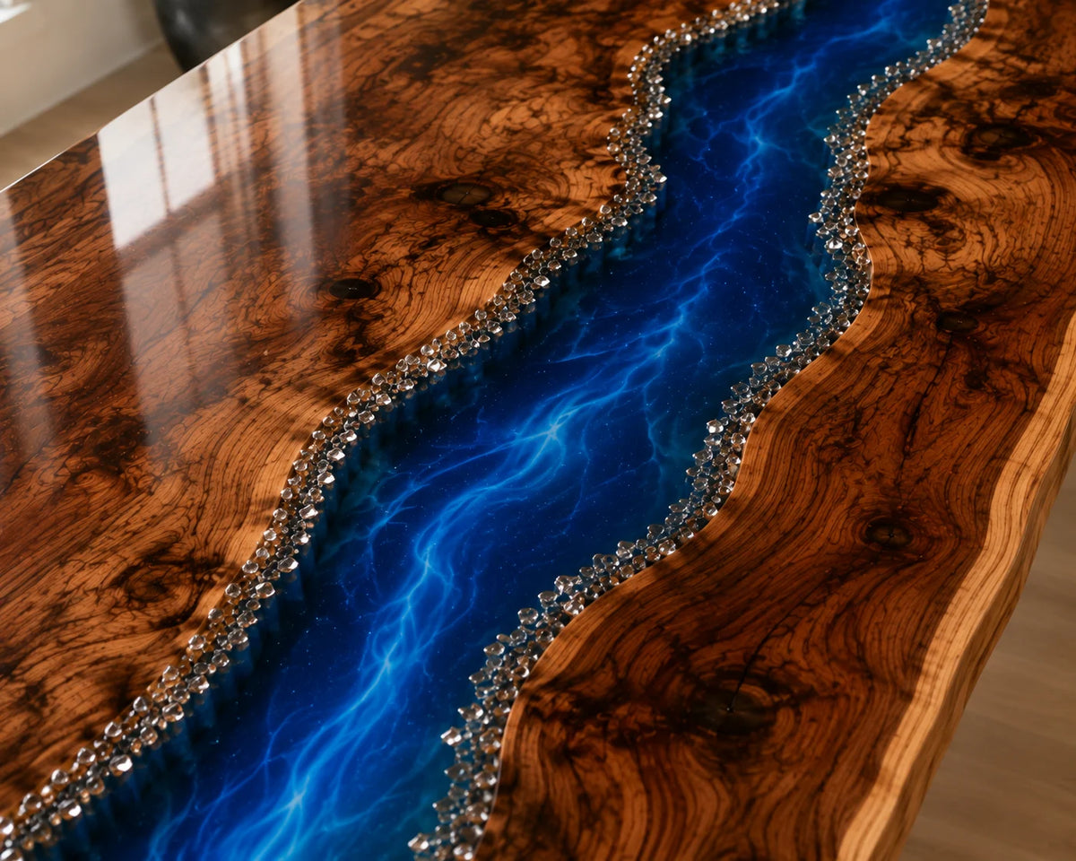 Aurorawoodart Custom Black Walnut Blue Epoxy River Dining Table DT99
